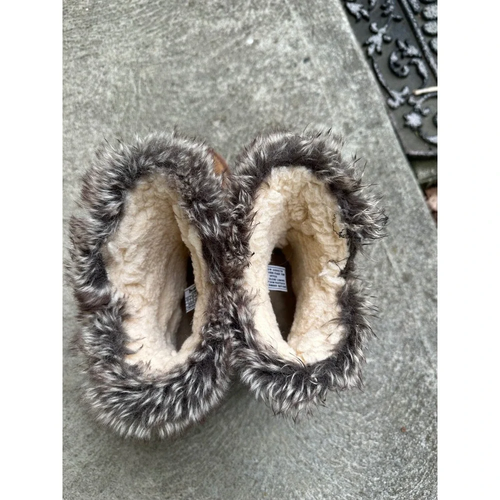 Bearpaw Suede Brown Boots Faux Fur Trim Winter Ankle Booties US 7‎